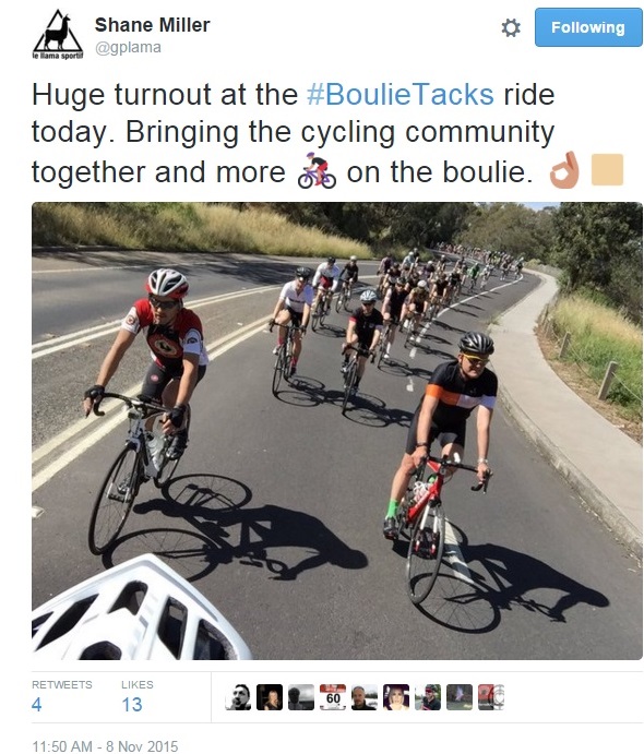 "Huge turnout at the #BoulieTacks ride today. Bringing the cycling community together and more on the boulie"