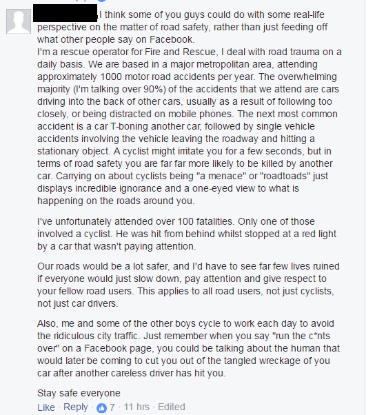 Screenshot of comment from "Brisbane and Cyclists" facebook page