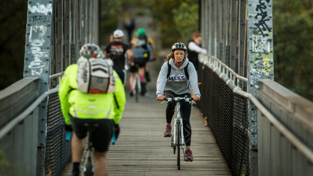 Cyclists on the bridge at Walmer Street. Photo: Simon Schluter